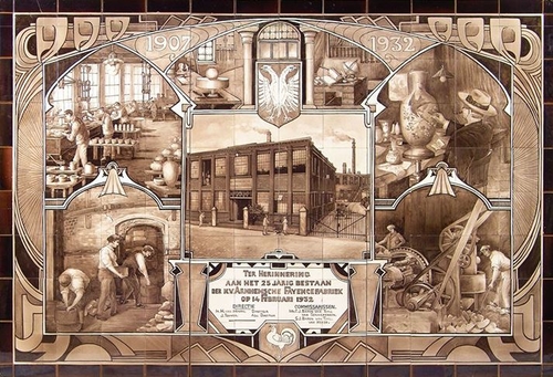 Tegeltableau, geschilderd door W.P. Hartgring in 1932 t.g.v. het 25-jarig bestaan van de Arnhemsche Fayencefabriek, bron: Tegelmuseum Otterloo.  