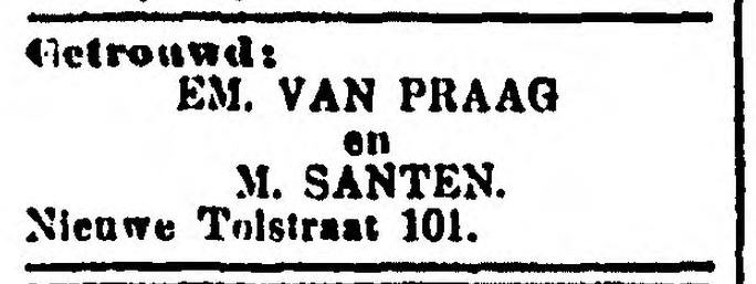 Familiebericht(je) over het huwelijk van Emanuel van Praag en Mietje Santen, bron: Het volk van 16 augustus 1911  