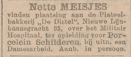 Adv gevraagd meisjes voor ‘porcelein schilderen’ De Distel bron: Het nieuws van den dag : kleine courant van 12-09-1898  