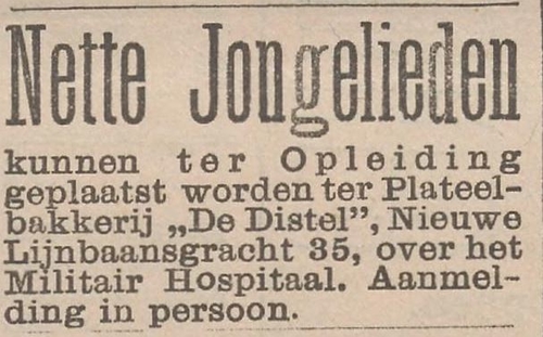 Adv gevraagd nette jongelieden (ter opleiding) voor De Distel bron: Het nieuws van den dag : kleine courant van 07-07-1898  
