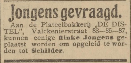 Advertentie, gezocht flinke jongens om opgeleid te worden tot schilder, bron: De Courant van 9 september 1911   
