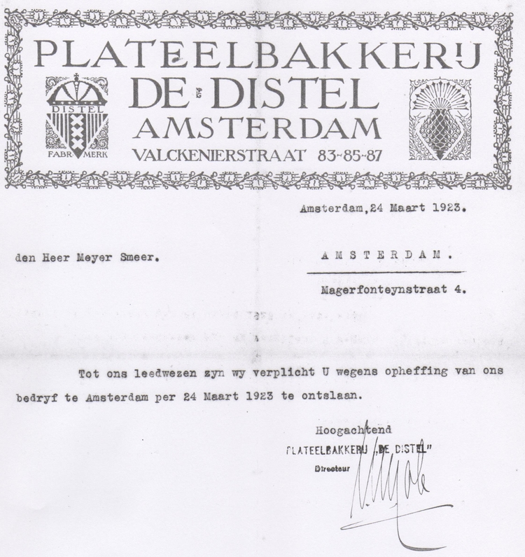 Aanzegging van het ontslag op 24 maart 1923 door De Distel, bron: archief van Mevr. Drilsma  