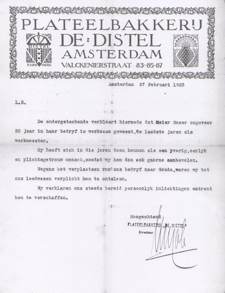 Referentie voor Meijer Smeer van 27 febr. 1923, bron: archief van Mevr. Drilsma  