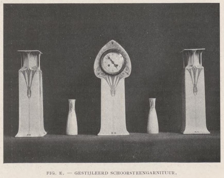 Figuur E, betreft zgn. ‘gestijleerd schoorsteengarnituur’, bron: De Leli, jrg 1, no 4, 01-12-1909  