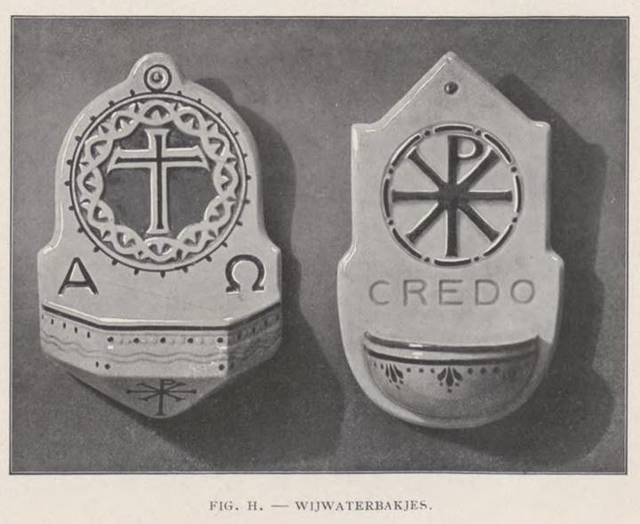 De wijwaterbakjes (figuur h) ontworpen door Theo Molkenboer, bron: De Leli, jrg 1, no 4, 01-12-1909  