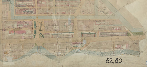 Kaart regio 82 – 83 (uitsnede) met Valckenierstraat + doorhaling Nieuwe Lijnbaansgracht, datering ca. 1902 – 1917, bron: SAA inventarissen, Inv.nr 10040  
