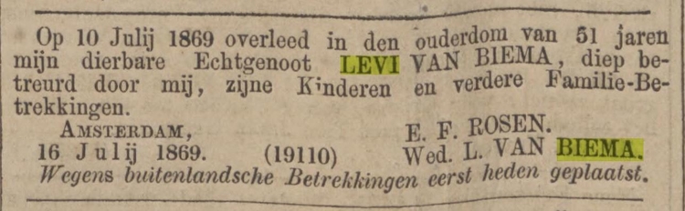 Overlijden van Levi van Biema, bron: Alg, Handelsblad van 18 juli 1869  
