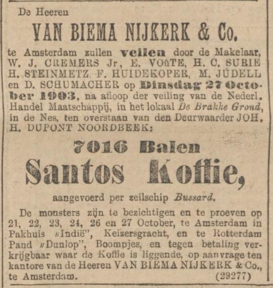 Veilingbericht over de firma Van Biene Nijkerk & Co m.b.t. balen Santos Koffie, bron: het alg. Handelsblad van 26 oktober 1903  