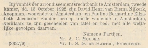 Uitspraak van de rechter over de scheiding van tafel en bed van David Henri en Elisabeth, bron: Ned. Staatscourant van 28 okt. 1922  