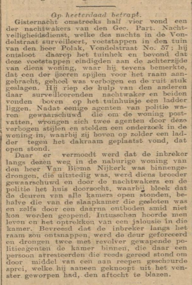 Inbraak in de Vondelstraat 55, bij Isidor van Biema, bron: het Algemeen Handelsblad van 19 juli 1910.  