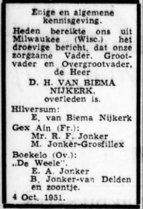 Overlijdensbericht van David Henri van Biema Nijkerk op 4 oktober 1951, bron: De Telegraaf van 6 oktober 1951.  