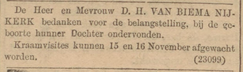 Geboorte van dochter Emma van Biema Nijkerk op 22 oktober 1893, bron: Alg. Handelsblad van 5 november 1893  