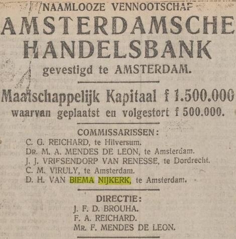 Advertentie van de NV Ned. Handelsbank met David Henri van Biema Nijkerk, bron: De Tĳd: godsdienstig-staatkundig dagblad van 11-08-1917  