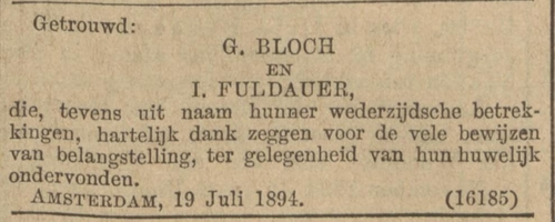 Familiebericht n.a.v. het huwelijk tussen Gompel Bloch en Josephine Fuldauer, bron: het Alg. Handelsblad van 20 juli 1894  