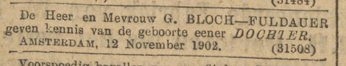 Aankondiging van de geboorte van dochter Marianne Josephine, bron: Alg. Handelsblad van 13 nov. 1902.  