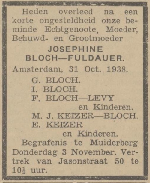 Familiebericht n.a.v. het overlijden van Josephine Bloch – Fuldauer, bron: het Alg. Handelsblad van 1 nov. 1938  