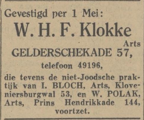 Advertentie waaruit blijkt dat ‘de niet-joodse praktijk’ van Dr. Israel Bloch wordt overgenomen, bron: Alg Handelsblad van 30 april 1941   