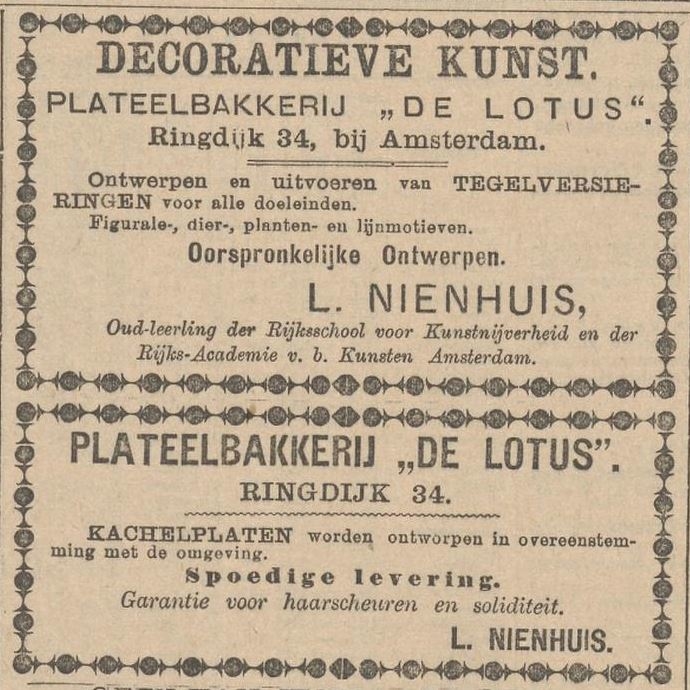 Advertentie uit van de Plateelbakkerij Lotus, bron: Het Nieuws van den Dag, kleine courant van 01 – 11 – 1899   
