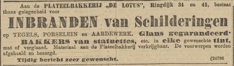 Advertentie uit van de Plateelbakkerij Lotus, bron: Het Algemeen Handelsblad van 07 – 11 – 1900   