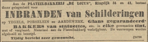 Advertentie uit van de Plateelbakkerij Lotus, bron: Het Algemeen Handelsblad van 07 – 11 – 1900   