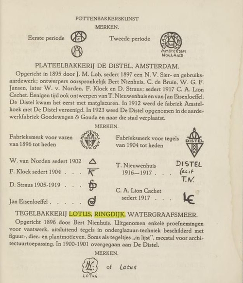 Pottenbakkerskunst, merken van zowel De Distel als Lotus, bron: Pottenbakkerskunst blz. 47 door de auteur: H.E. van Gelder, 1927  