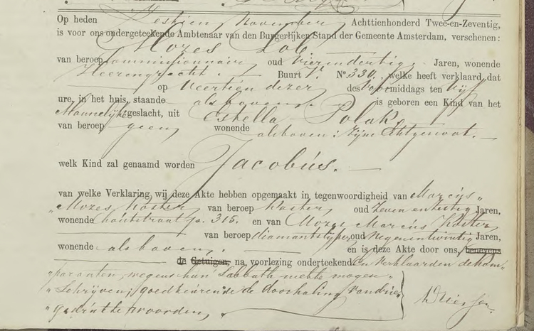 Geboorteakte van Jacobus Lob waaruit blijkt waar hij is geboren. Bron: Inventaris van het archief de Burgerlijke Stand, Inv. Nr. 5009  