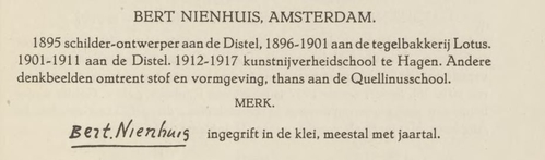 Merk van Bert Nienhuis, bron: Pottenbakkerskunst blz. 51 door de auteur: H.E. van Gelder, 1927  