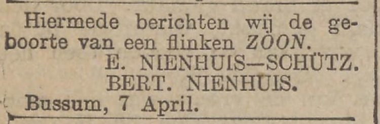 Geboorte van zoon Bert Nienhuis in 1905, bron: Het nieuws van den dag: kleine courant van 11-04-1905  