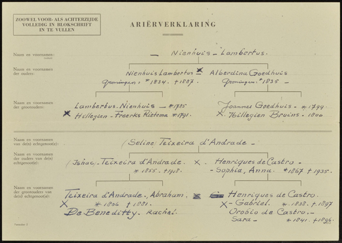 Ariërverklaring ingevuld door Bert Nienhuis en zijn vrouw (stamboom), bron: 788 Inventaris van het Archief van de Familie Teixeira d'Andrade (4.1.2 – 58)  