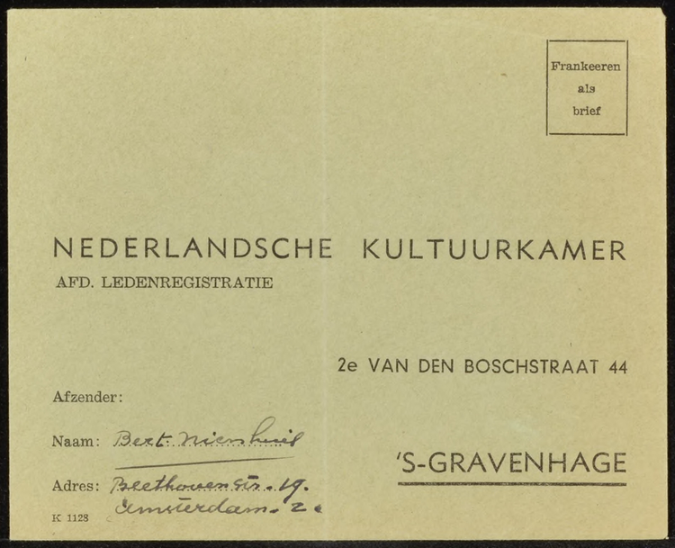 Briefkaart (?) verzonden door Bert Nienhuis aan de Nederlandsche Kultuurkamer, bron: 788 Inventaris van het Archief van de Familie Teixeira d'Andrade (4.1.2 – 58)  