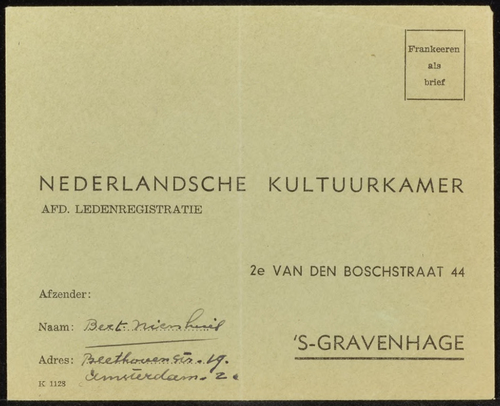 Briefkaart (?) verzonden door Bert Nienhuis aan de Nederlandsche Kultuurkamer, bron: 788 Inventaris van het Archief van de Familie Teixeira d'Andrade (4.1.2 – 58)  
