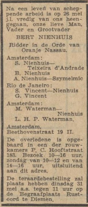 Familiebericht na het overlijden van Bert Nienhuis, bron: Het Parool van 28 mei 1960.  