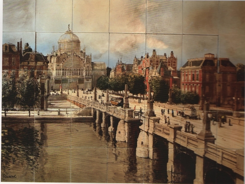 Tegeltableau van 35 tegels, door Willem Jansen, voorstellende Het Paleis voor Volksvlijt in Amsterdam, bron: W.G.F. Jansen 1871 – 1949. Schilder van de losse toets door H.P. ter Avest  