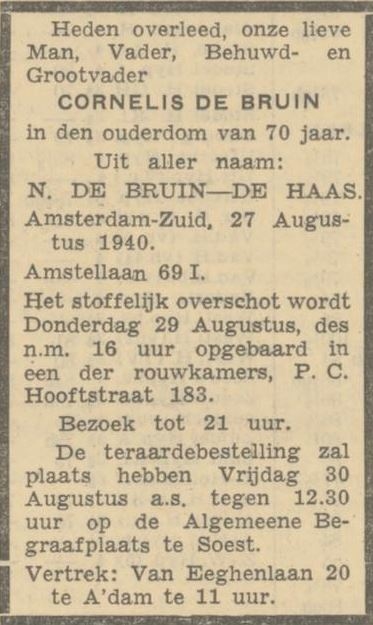 Familiebericht na het overlijden van Cornelis de Bruin, bron: Alg. Handelsblad van 29 aug. 1940  