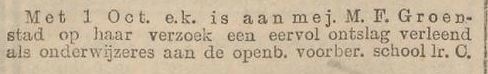 Flora vraagt en krijgt eervol ontslag als kleuterleidster, bron: Nieuws v.d. Dag, kleine courant van 13 sept. 1913.   