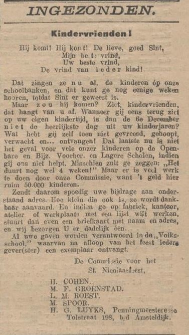 Ingezonden brief over St. Nicolaasfeest, bron: Het Nieuwsblad voor Nederland van 4 nov. 1911.  