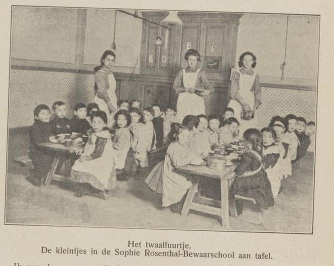 De peuters van de Rosenthal bewaarschool aan het twaalfuurtje, bron: de Joodsche Prins van 13 februari 1913, blz. 216  