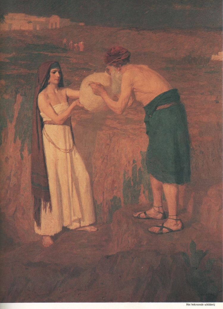 Winnend schilderij voor de Prix de Rome van Tjeerd Bottema, voorstellende Rebecca en Eliëzer, de diensknecht van Abraham, bron: Beeldende kunst - Prix de Rome 1907  