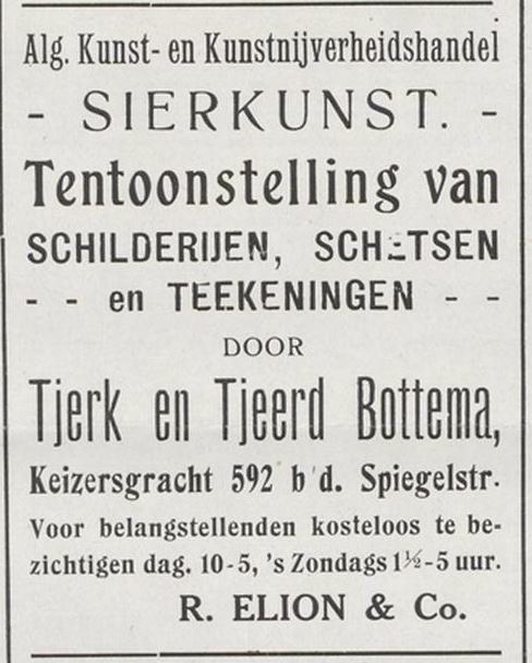 De broers Tjerk en Tjeerd Bottema hebben samen een tentoonstelling in Amsterdam in Gallerie Sierkunst. Bron: De Kunst, jrg 2, 1909, no 132, 06-08-1910  