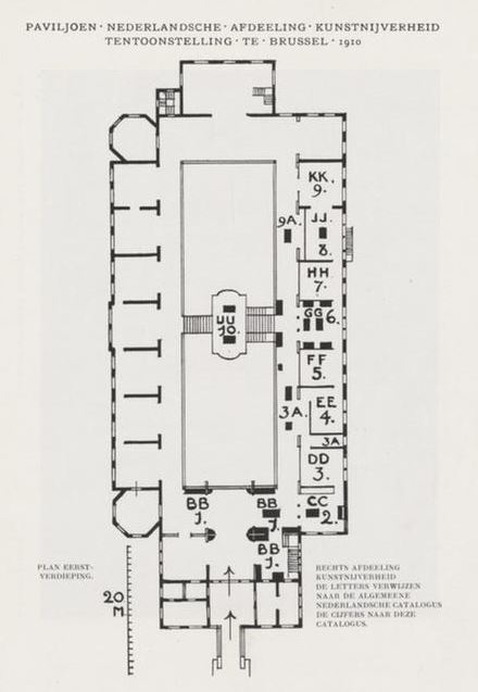 De Nederlandse afdeling Kunstnijverheid, op de plattegrond was de V.A.N.K. ondergebracht onder vak 1 – BB. Bron: Catalogus V.A.N.K. Wereldtentoonstelling Brussel 1910 (Delpher: Boeken – basis).  