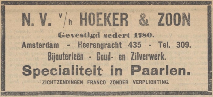 Advertentie van Hoeker & Zoon, bron: de Standaard van 13 nov. 1909  