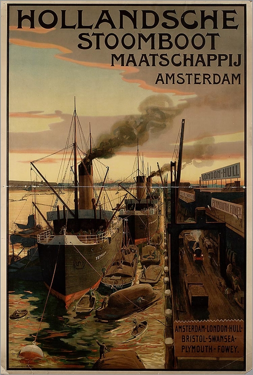 Affiche van de Hollandsche Stoomboot Maatschappij Amsterdam, 1900-1925, bron: Wikipedia  