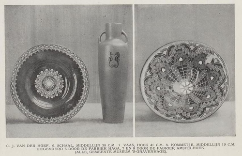 Voorbeelden van het aardewerk van de Amstelhoek en Haga (in 1907 onderdeel van Amstelhoek), bron: Ambachts- en Nijverheidskunst. Nederlandsche Vereeniging voor Ambachts- en Nijverheidskunst van T. Landré, 1910  