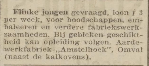 Advertentie waarin Amstelhoek ‘een flinke jongen zoekt’, bron: De Courant van 4 juli 1908   
