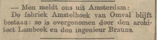 Kort bericht over het voortbestaan van Amstelhoek, bron: Het Vaderland van 13 januari 1904  
