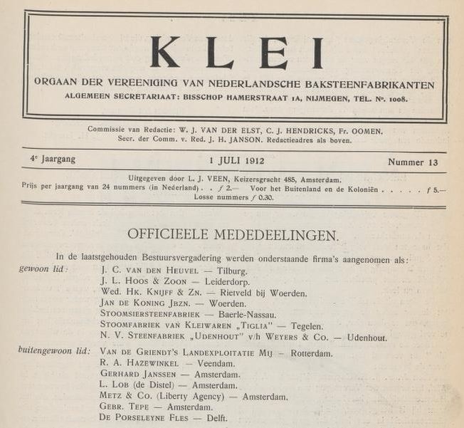 De Distel wordt ‘aangenomen als buitengewoon lid’ van de Ver. van Nederlandsche Baksteenfabrikanten, bron: Klei van jrg 4, 1912, no. 13, 01-07-1912   