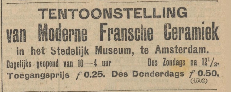 Advertentie voor de tentoonstelling van modern Fransch Ceramiek in het Stedelijk Museum van Amsterdam, bron: Het Nieuws van den dag: kleine courant va 5 april 1913  