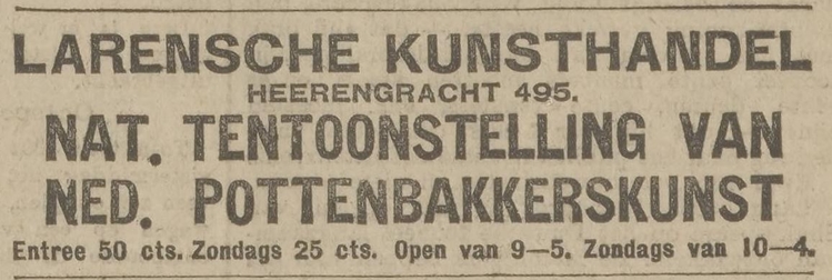 Advertentie voor de tentoonstelling van Ned. pottenbakkerskunst, bron: Het Nieuws van den Dag van 6 mei 1916.   