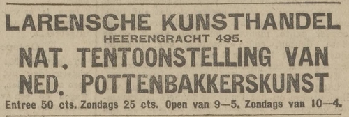 Advertentie voor de tentoonstelling van Ned. pottenbakkerskunst, bron: Het Nieuws van den Dag van 6 mei 1916.   
