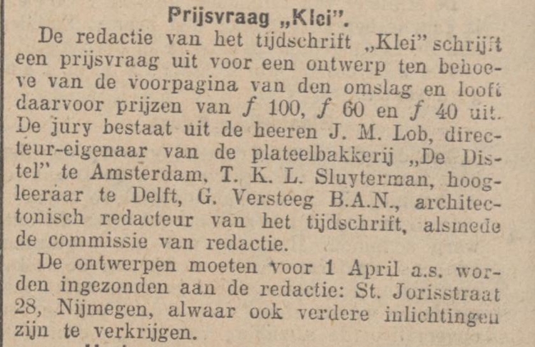 Artikel over de prijsvraag uitgeschreven door KLEI, bron: De Standaard van 17 februari 1922  